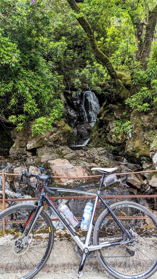 Kevin's gravel road bike leaning against a tree beside Loch Riddon