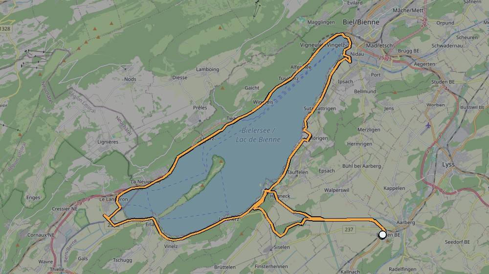 Real GPS route map showing the ride from Bargen to Lake Biel