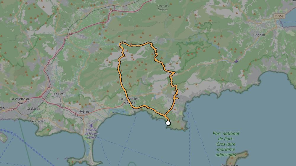 Real GPS route map of a ride from Bormes-les-Mimosas, Provence, France