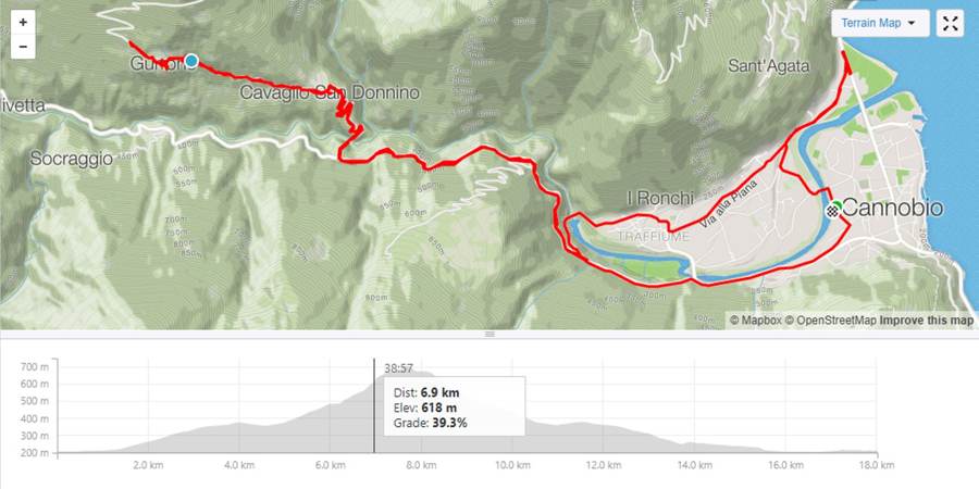 Strava route map and elevation profile for this climb from Cannobio