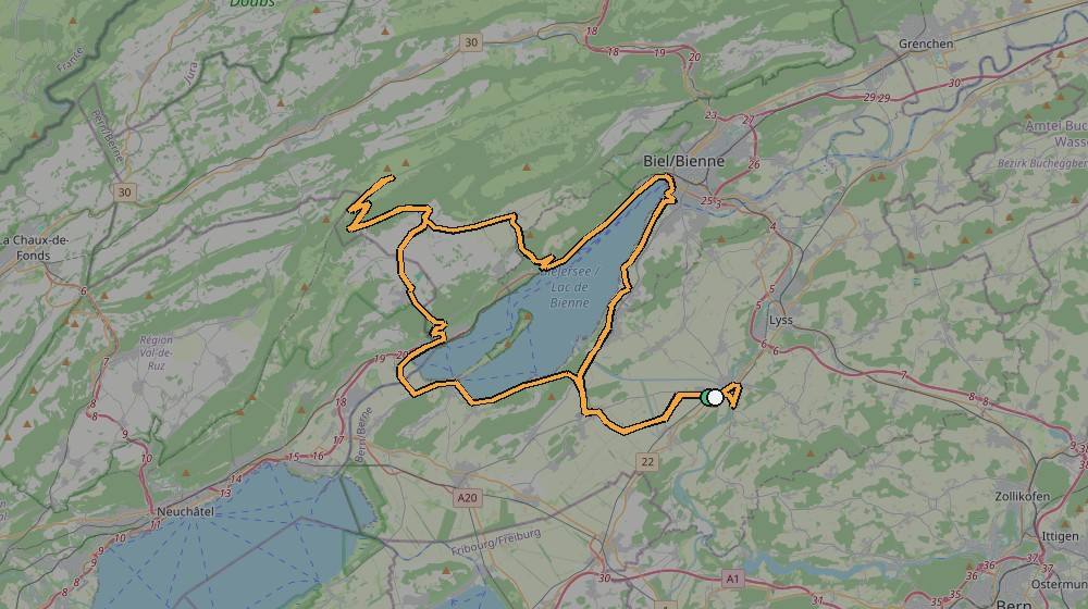 Real GPS route map showing the ride from Bargen to Chasseral summit