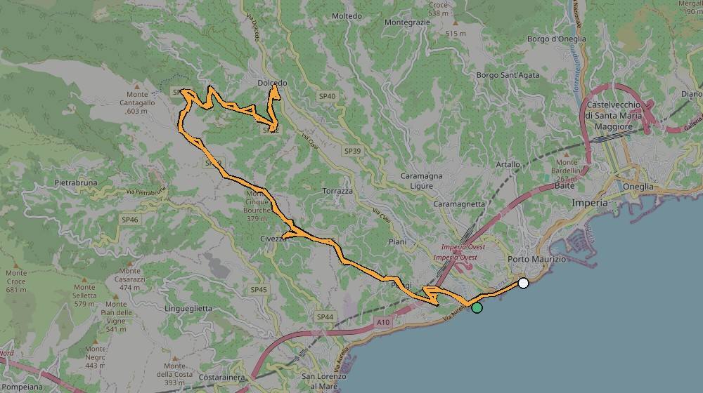 Real GPS route map showing the ride from Porto Maurizio to Dolcedo