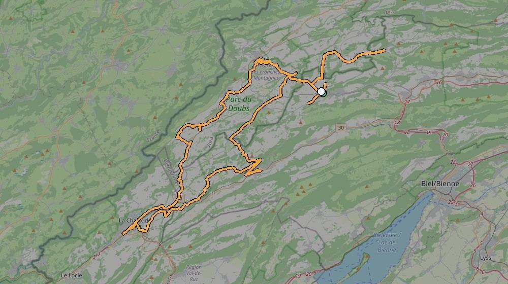 Real GPS route map of the long November 2014 ride above Saignelégier, finished in the dark
