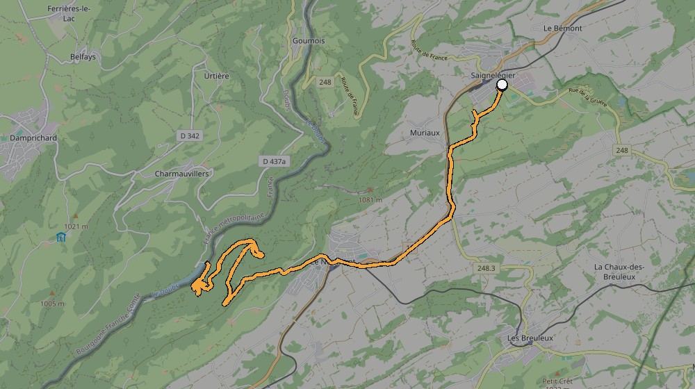 Real GPS route map of the La Goule climb from Saignelégier down towards the French border near Goumois
