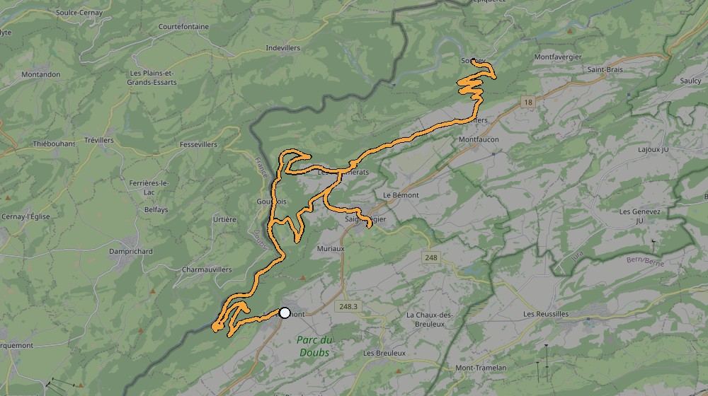 Real GPS route map of the three-climb 2022 e-bike ride above Saignelégier in the Jura