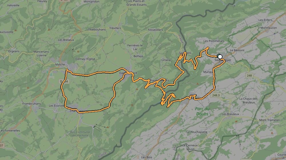 Real GPS route map of the ride with Josh above Saignelégier on the Jura plateau