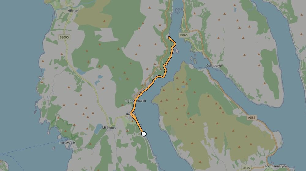 Real GPS route map showing the ride from Kames to Tighnabruaich along Loch Riddon