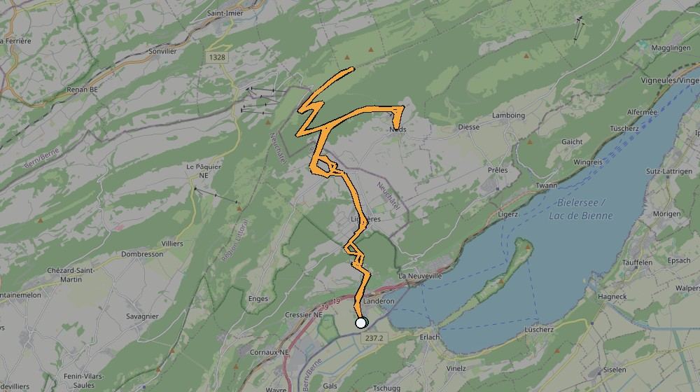 Real GPS route map showing a ride from Le Landeron up onto the Chasseral ridge, 2012