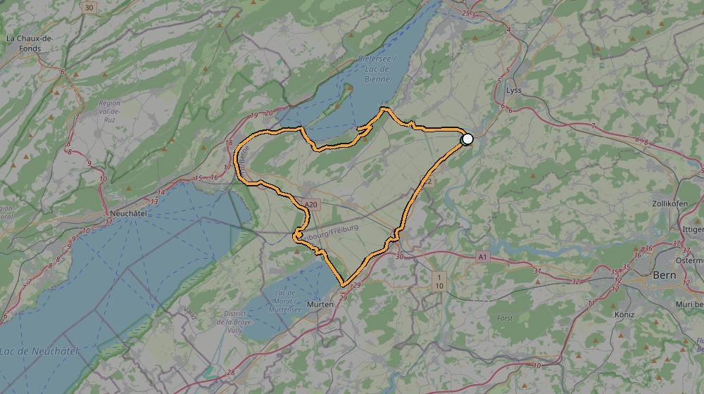 Real GPS route map showing the ride from Bargen to Lake Murten / Erlach