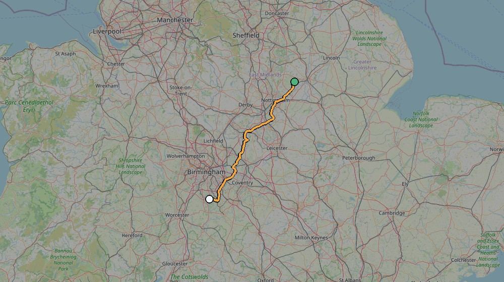 Real GPS route map of the 10 July 2013 Notts to Redditch ride