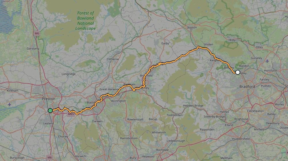 Real GPS route map of the 11 April 2016 ride from Preston across the Pennines to Saltaire