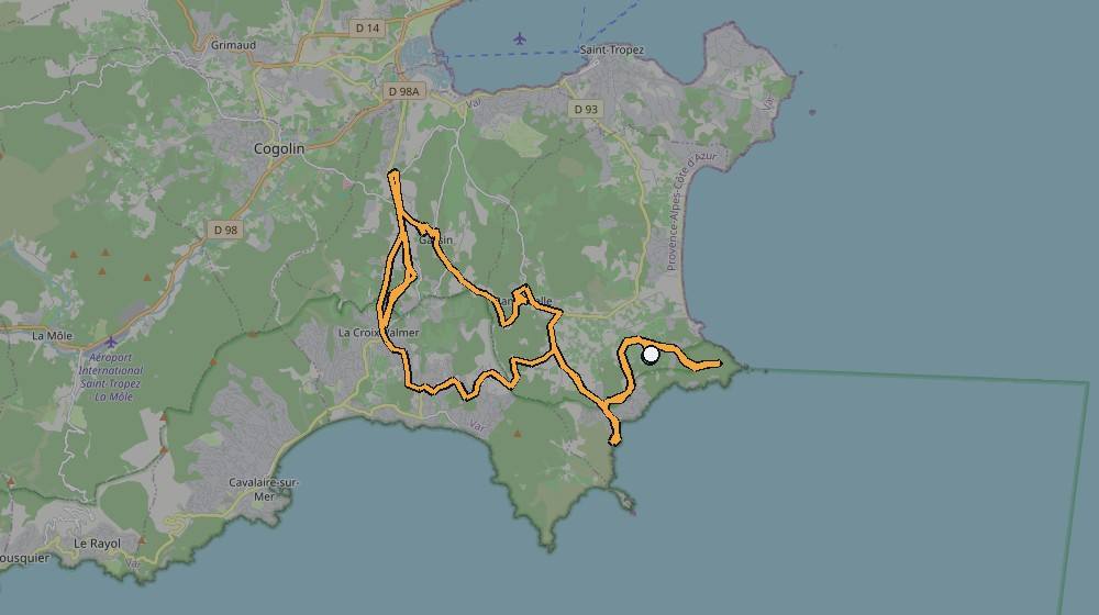 Real GPS route map of a ride from Ramatuelle, Provence, France