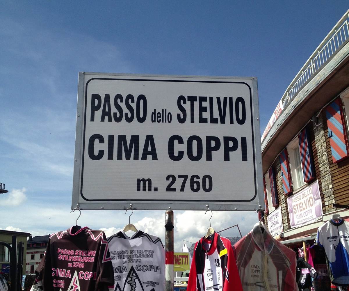 The Passo dello Stelvio Cima Coppi summit sign at 2760 metres