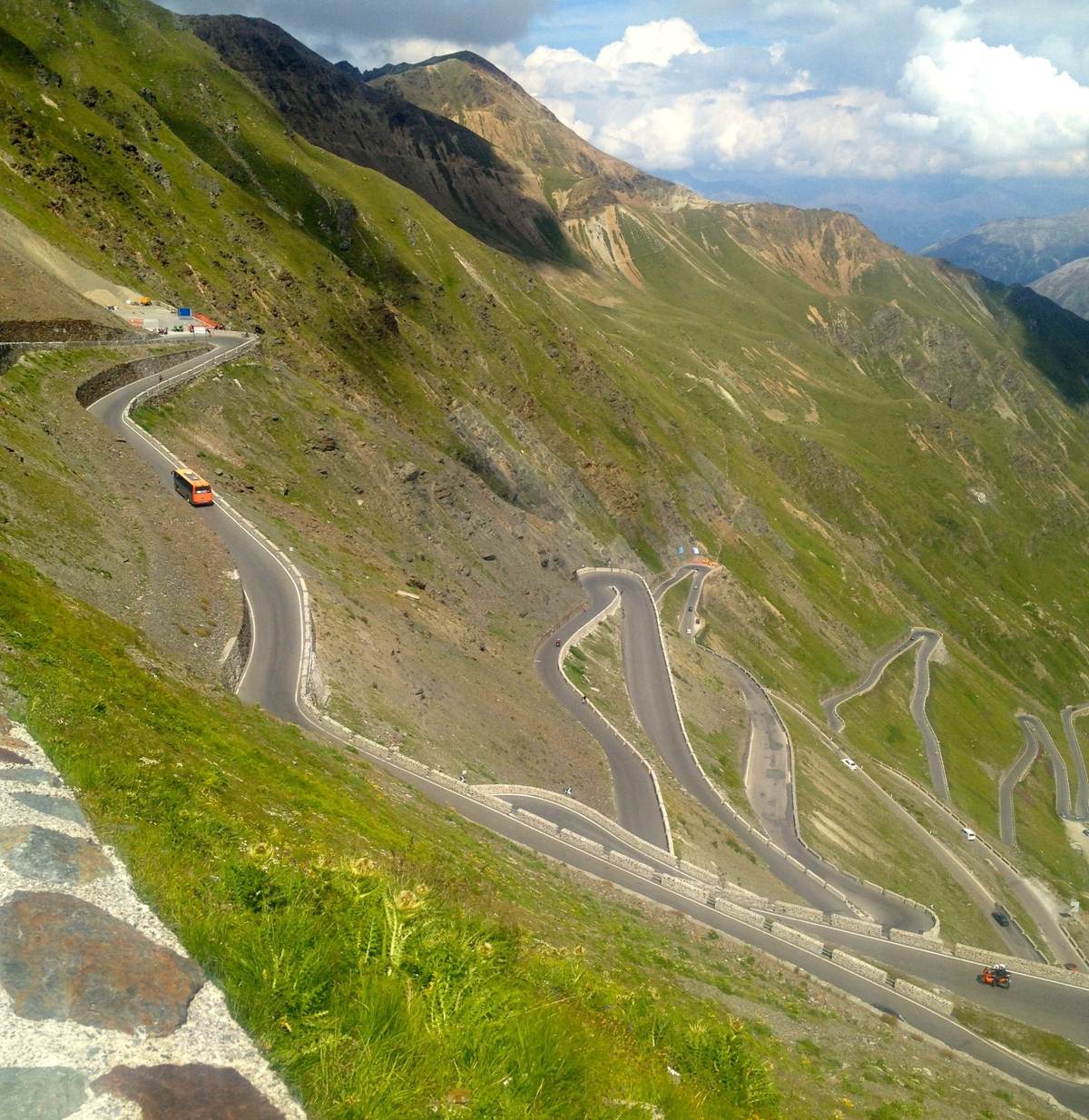 Aerial view of the famous hairpin switchbacks of the Stelvio Pass road