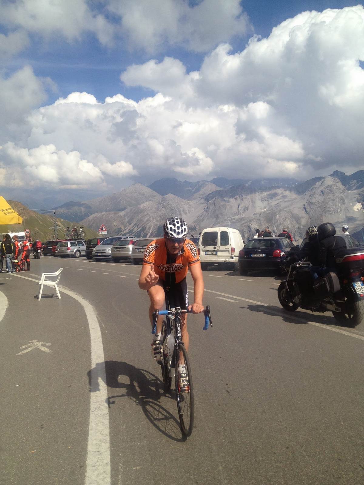 Kevin riding the hairpin switchbacks of the Stelvio Pass in cycling kit