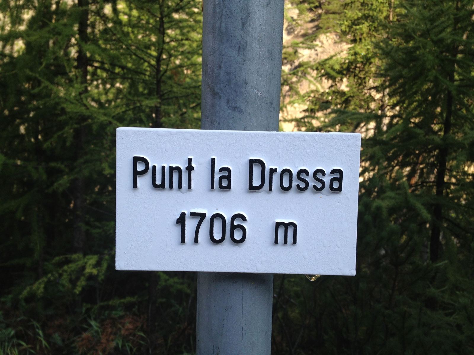 Punt la Drossa 1706m altitude sign in the Swiss Alps near the Stelvio route