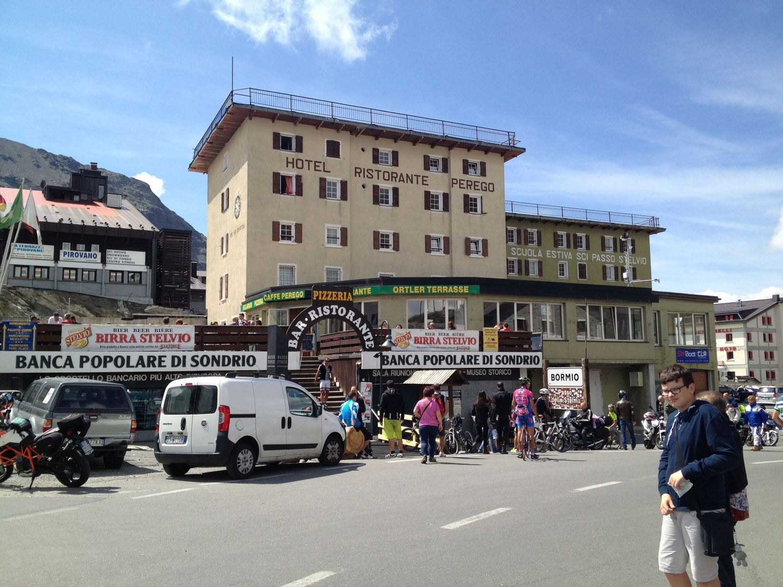 Hotel Ristorante Perego and the row of cafes and shops at the top of the Stelvio Pass
