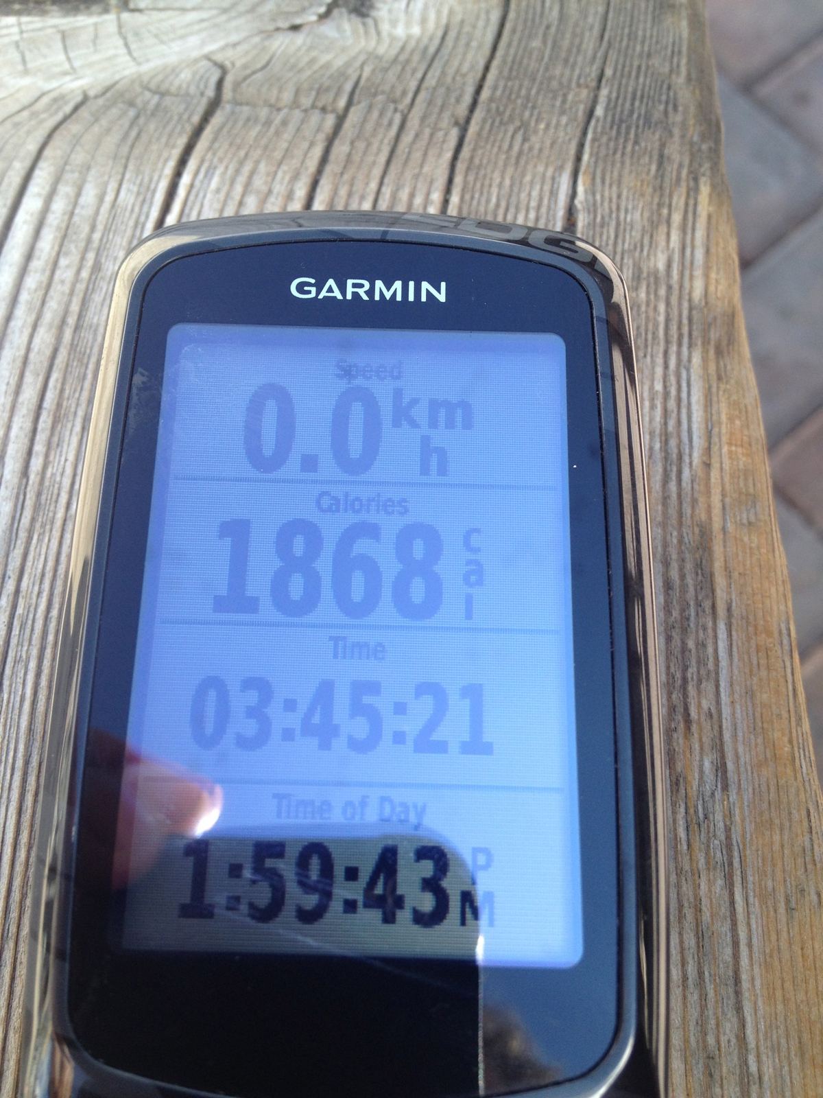 Kevin's Garmin bike computer showing 1868 calories and 3 hours 45 minutes elapsed time