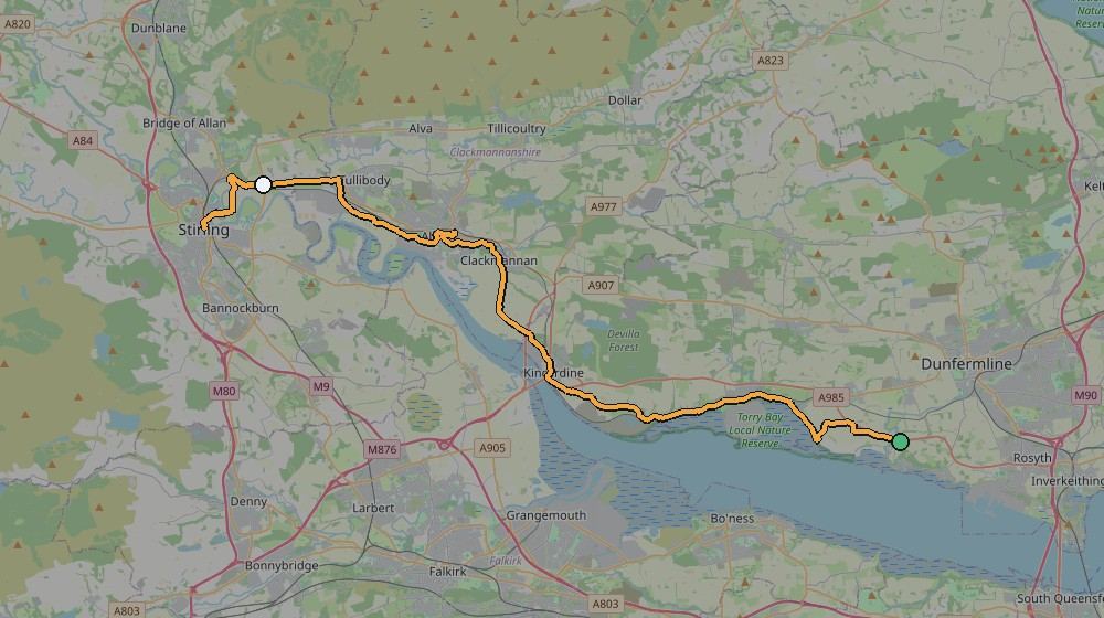 Real GPS route map of the 20 April 2023 training ride around Alloa and Stirling, ending short
